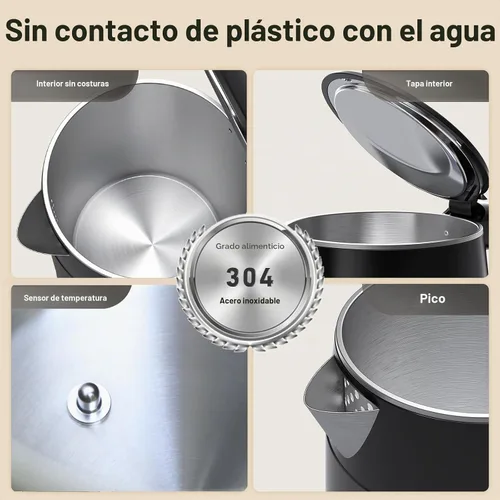 Vista 3 de Mecity Hervidor eléctrico de 1.7L con pantalla táctil de control de temperatura, sin contacto de plástico con agua. 6 programas de temperatura