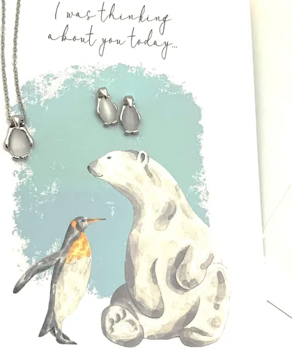 Vista 4 de Smiling Wisdom - Ojo de gato de cuarzo pingüino - Tarjeta de felicitación de amistad con pensamientos en ti - Juego de regalo de collar y aretes