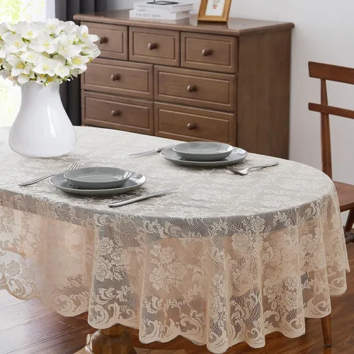 Vista 16 de ASATEX Camino de mesa de encaje de lino dorado de 14 x 36 pulgadas con 2 borlas. El patrón floral clásico y elegante es la opción ideal