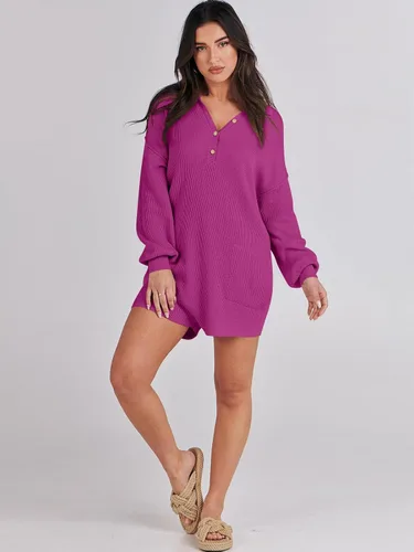 Vista 7 de ANRABESS Enterizo de suéter para mujer, trajes de otoño 2023, a la moda, largo, Henley, cuello en V, overol de punto para descansar