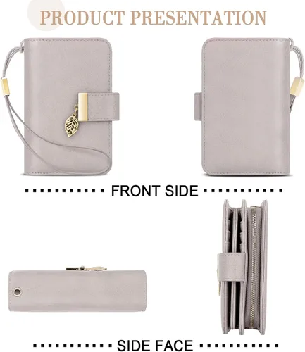 Vista 6 de Cartera pequeña con bloqueo RFID para mujer, de cuero, compacta, plegable, con 18 ranuras para tarjetas, con bolsillo para monedas, Marrón marchito