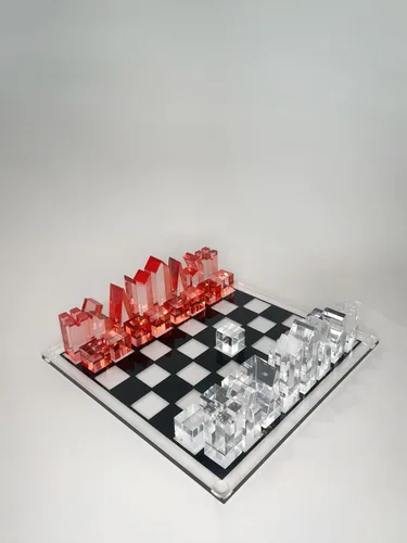 Vista 10 de Juego de ajedrez acrílico de lujo, diseño sofisticado y elegante, varios colores disponibles (transparente/azul-azul)