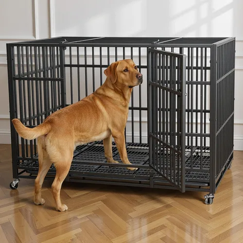 Vista 8 de VOWNER Jaula de perro indestructible resistente de 48 pulgadas, jaula para perros a prueba de escapes con 4 ruedas con cerradura, jaula para perros
