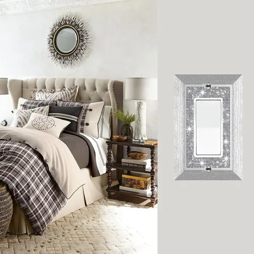 Vista 10 de Placa de pared con diamantes de imitación plateados brillantes plateados, placa de cubierta de interruptor de luz, cubierta de enchufe de grano