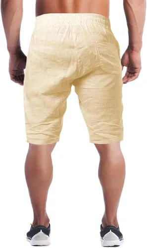 Vista 2 de YKB Pantalones cortos de lino para hombre, de algodón, casuales, ligeros, para entrenamiento, gimnasio, yoga, pantalones cortos para hombres