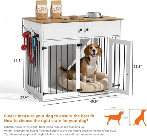 Vista 2 de Perrera de madera para perros de 41 pulgadas, muebles para perros con muebles estilo jaulas y mesa para perros medianos, divisor extraíble, puertas