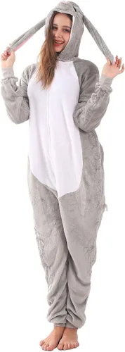 Vista 3 de LOBUJOU Pijama de una pieza para adultos, disfraz de dibujos animados de animales para mujeres y hombres, cosplay, Halloween, conejo gris