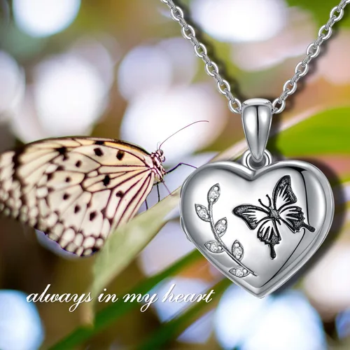 Vista 5 de AOBOCO Collar con medallón de corazón que sostiene fotos en plata de ley 925 con diseño de mariposaflores para mujeres cristales de Austria Plata