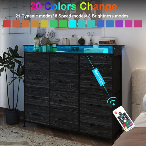 Vista 3 de Cómoda negra con luz LED, 12 cajones con estación de carga, cómoda para dormitorio con 12 cajones de tela para dormitorio, pasillo, entrada