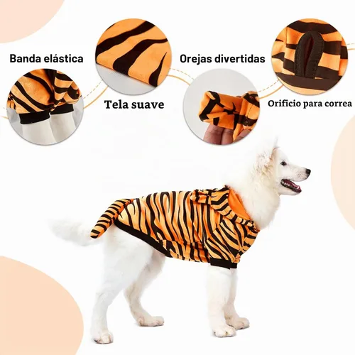 Vista 4 de Disfraz de tigre de Halloween para perro, divertido uniforme de gato, tigre, ropa de cosplay para perros pequeños a medianos (S)