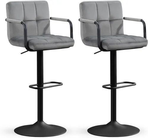 Vista 26 de Furniliving Taburetes de bar ajustables con respaldo, juego de 2 taburetes de bar negros, taburetes de bar de terciopelo con giro de 360°, taburetes