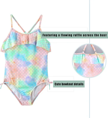 Vista 5 de Trajes de baño de una pieza para niñas, traje de baño con volantes para niños, traje de baño floral hawaiano de 3 a 16 años