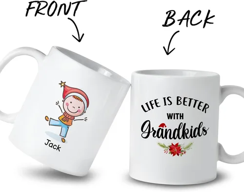 Vista 2 de Gossby Taza personalizada – GRANDKIDS MAKE LIFE MORE GRAND (1 niño) – Taza de café de cerámica de 11 onzas y 15 onzas para abuelos/abuelos – Idea