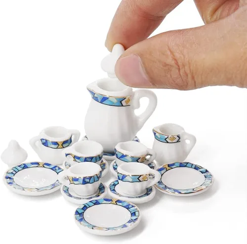 Vista 12 de Odoria 1:12 Miniatura 15pcs porcelana azul Chintz taza de té Set (azul)