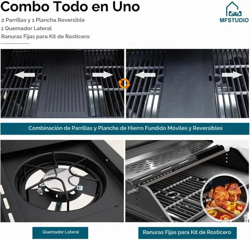 Vista 3 de MFSTUDIO - Parrilla de barbacoa a gas de 4 quemadores con quemador lateral, color negro