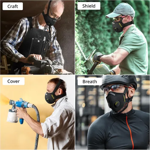 Vista 6 de FIGHTECH Máscara antipolvo – 3 tamaños – Mascarilla reutilizable con filtros de carbono y válvulas de aire para carpintería, construcción, mudanza