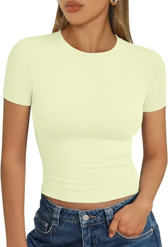Vista 20 de Trendy Queen - Camisetas básicas para mujer, camisetas de verano 2025, de manga corta, ajustadas, para gimnasio, entrenamiento, ropa estilo Y2K