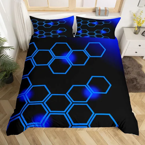 Vista 17 de Feelyou Juego de ropa de cama verde y negro tamaño individual para niños y adolescentes, juego de funda de edredón con temática hexagonal