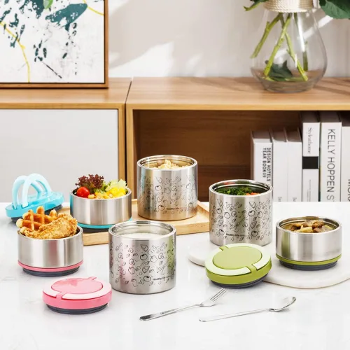 Vista 5 de Lille Home Caja de almuerzo/merienda térmica apilable de acero inoxidable aislada al vacío, contenedor Bento/de comida de 2 niveles con bolsa