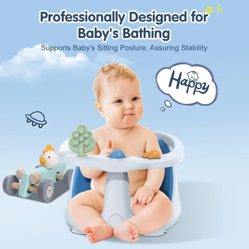 Vista 4 de Asiento de baño para bebés de 6 meses en adelante, antideslizante con ventosas, asiento de baño infantil seguro y cómodo para bañera, color azul