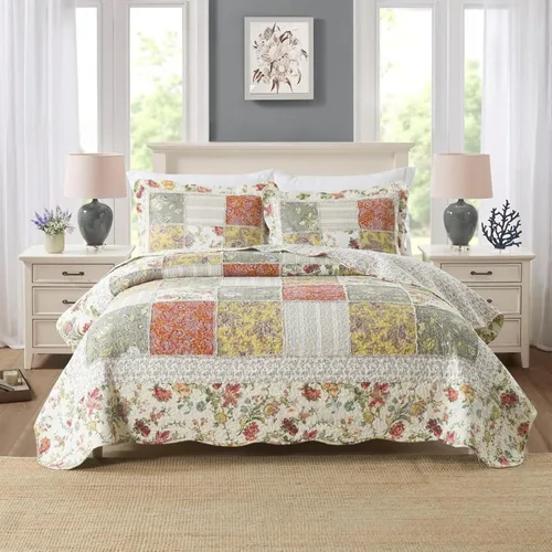 Vista 13 de ABREEZE Juego de edredón acolchado de algodón con diseño de retazos florales y rosas azules, juego de colcha rústica de 3 piezas