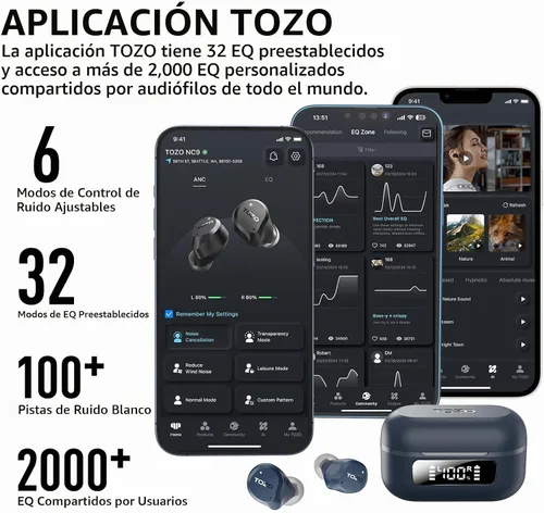 Vista 6 de TOZO NC9 Auriculares inalámbricos híbridos con cancelación activa de ruido