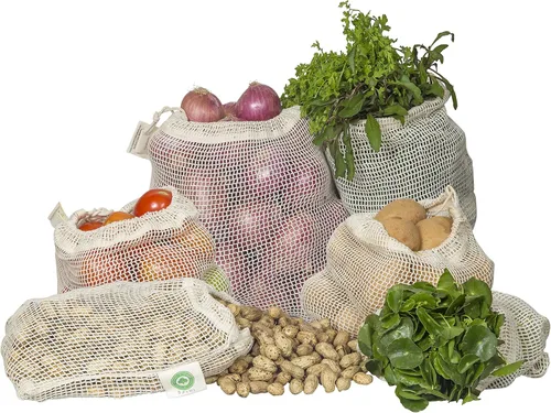 Vista 9 de Bolsas reutilizables de malla de algodón para productos – 100% algodón orgánico, duraderas, doble costura, lavables con peso de tara y cordón