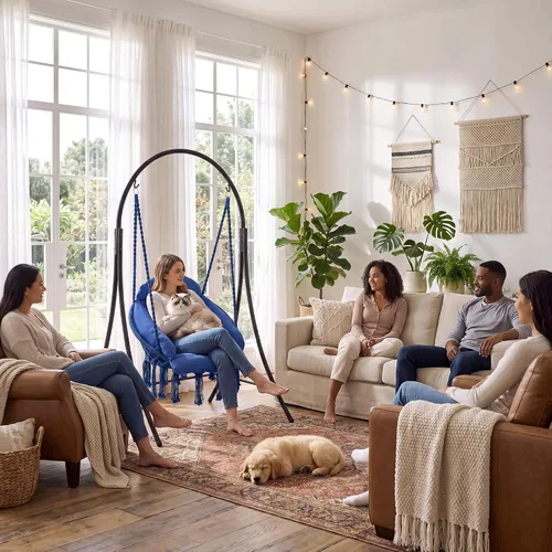 Vista 2 de ANOW Hamaca de macramé resistente con soporte, silla colgante azul