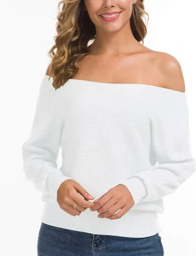Vista 6 de Feiersi Suéter de mujer con hombros descubiertos de manga larga suelto de punto con cuello en V