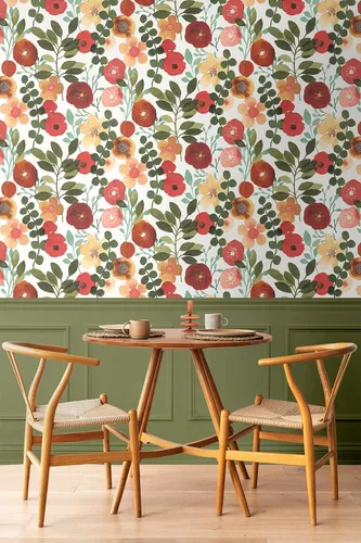 Vista 3 de NextWall Garden Dance Floral - Papel tapiz autoadhesivo (rubí y verde cazador)