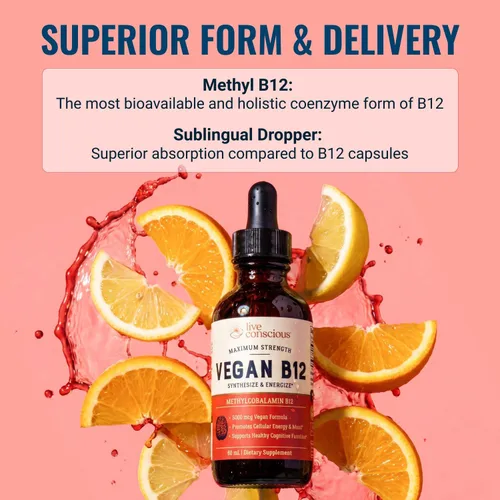 Vista 2 de Live Conscious Gotas líquidas sublinguales de vitamina B12 vegana Fórmula de metilcobalamina de B12 de máxima potencia 5000 mcg Vitamina B 12