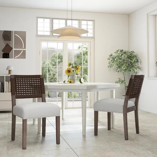 Vista 3 de Juego de 2 sillas de comedor de granja, sillas de comedor tapizadas con respaldo tejido a mano, asiento acolchado suave y patas de madera Beige