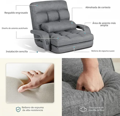 Vista 9 de Cómoda silla de piso con respaldo ajustable, sillas de sofá para juegos (gris) STHOUYN, 2 puertos de carga USB, interior, sofá perezoso, silla
