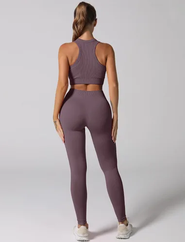 Vista 62 de Conjuntos de entrenamiento para mujer, 2 piezas, sin costuras, acanalada, sin mangas, brasier deportivo, cintura alta, pantalones cortos