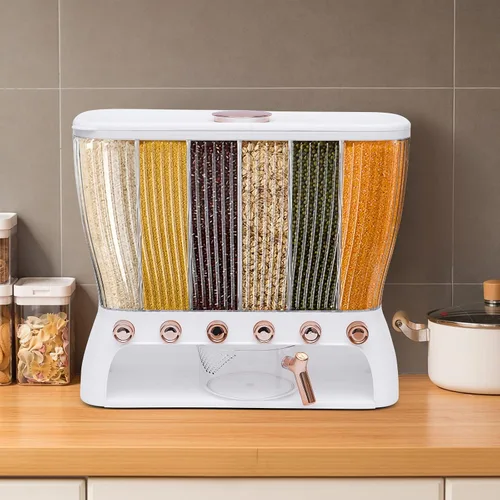 Vista 4 de Dispensador de alimentos secos de almacenamiento de arroz de 6 rejillas, dispensador de granos con taza medidora, dispensador de arroz de 22 libras