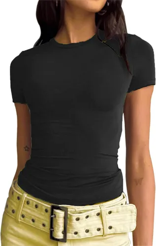 Vista 2 de Camisetas cortas básicas para mujer, estilo casual, para salir, a la moda, ajustadas, de manga corta, ajustadas, para adolescentes, niñas, lindas