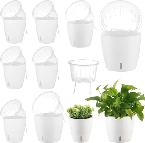 Vista 10 de Macetas de riego automático para plantas de interior, paquete de 16 macetas de riego automático con orificios de drenaje, macetas pequeñas