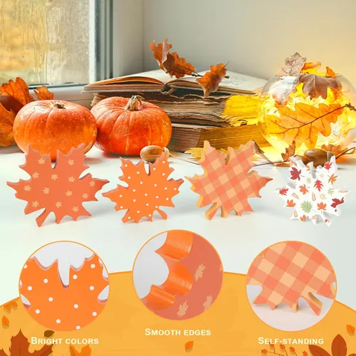 Vista 3 de COCHIE Decoraciones de hojas de otoño de madera para oficina en el hogar, granja, set de 4 para decoración de mesa de Acción de Gracias, bandeja