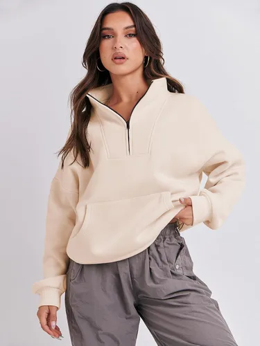 Vista 4 de ANRABESS Sudaderas con media cremallera para mujer, sudaderas cortas de gran tamaño, con cremallera de un cuarto, suéter de forro polar, suéter