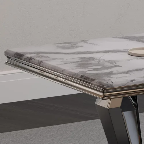 Vista 5 de ACEDÉCOR Juego de mesa de comedor para 4, mesa de comedor rectangular de 78 pulgadas con parte superior texturizada gris y base geométrica plateada