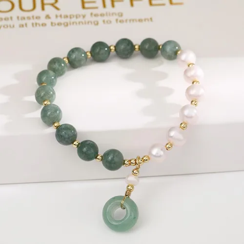 Vista 2 de Pulsera de perlas de jade birmano, pulsera elástica con cuentas de piedras preciosas, pulsera elástica, pulsera para mujer, Piedra