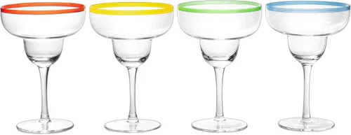 Vista 4 de Vasos de cóctel Margarita de 12 onzas + bordes coloridos para fiesta, juego de 4, resistentes, gruesos, soplados a mano, copas clásicas de bebidas