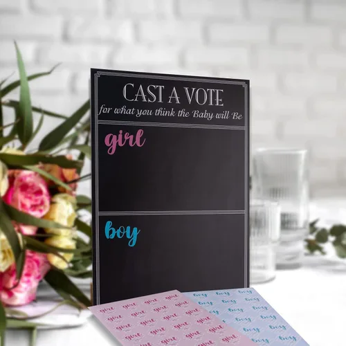 Vista 5 de Juego de mesa para revelar el género del bebé con 144 calcomanías de voto para niña o niño, cartel de voto con soporte, diseño de pizarra