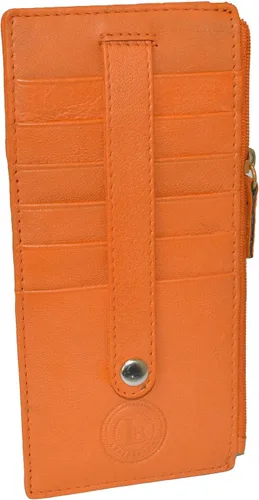 Vista 2 de Leatherboss - Funda para tarjetas todo en uno, cartera delgada con correa de protección para tarjetas, Naranja, Compacto