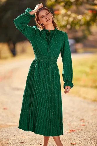 Vista 5 de PRETTYGARDEN - Vestido de otoño por debajo de la rodilla para mujer - Vestido acampanado, fluido y casual de manga larga con cuello en V y plumetí
