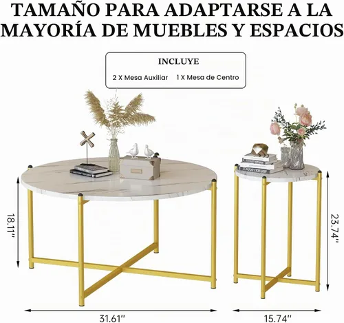 Vista 3 de DKLGG Juego de 3 mesas de centro redondas, mesa de centro moderna de mármol sintético y 2 juegos de mesa auxiliar, juego de mesa de sala de estar