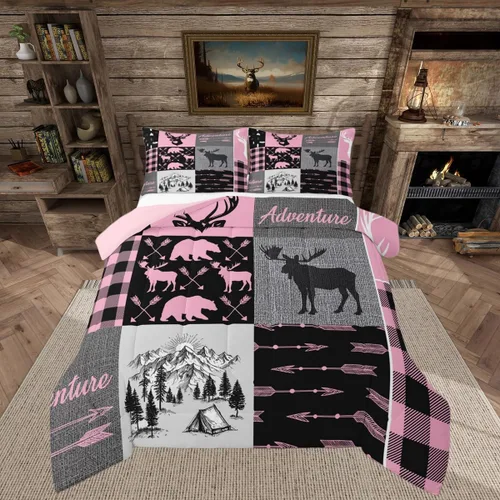 Vista 37 de Juego de edredón de cabaña rústica navideña, juego de ropa de cama estilo rústico con diseño de osos y ciervos, tamaño completo, patchwork Multi 08