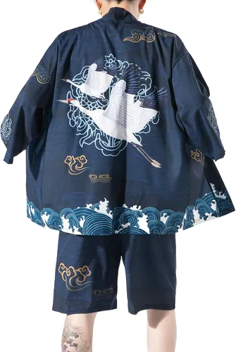 Vista 3 de PRIJOUHE Conjunto de kimono de estilo japonés para hombre, ligero, casual, siete mangas, frente abierto, cárdigan y pantalones cortos