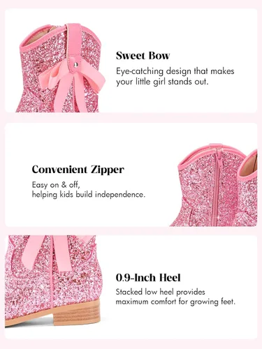 Vista 5 de Coutgo Botas vaqueras para niñas, botas de tacón bajo con purpurina, botas Rosa