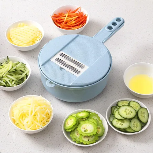Vista 2 de Juego de 12 cortadores de verduras multifuncionales, cortador de verduras, picadora de cebolla, material ABS + PP, separador de clara de huevo A-azul